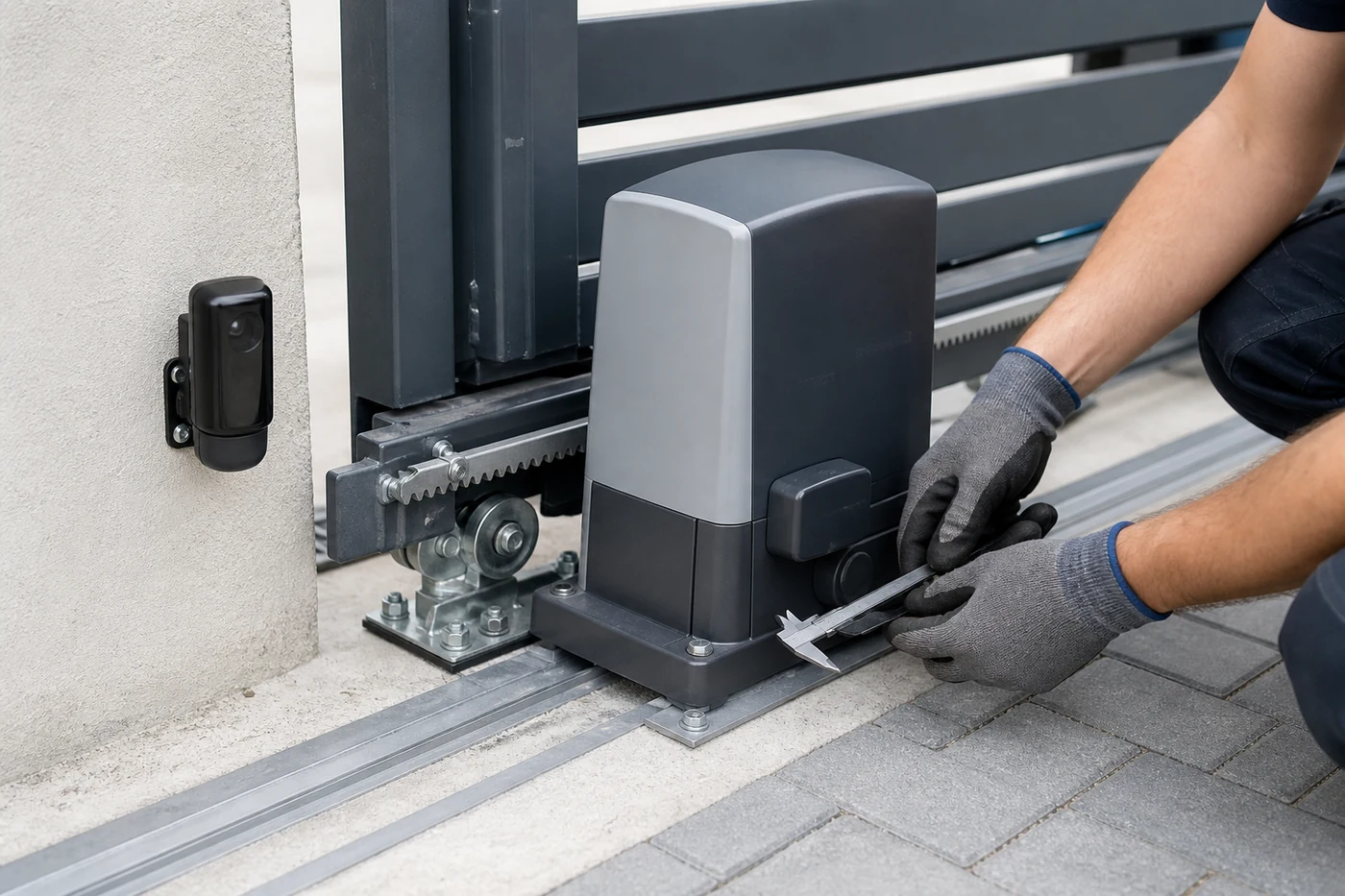 Technician measuring an automatic sliding gate drive and track