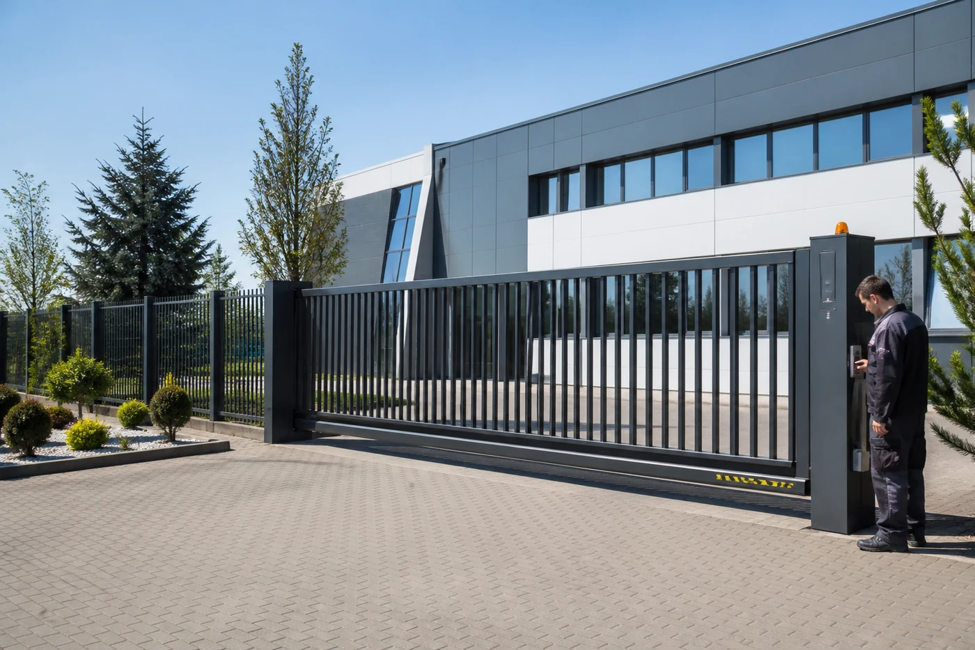 Long automatic sliding gate at a modern Bursa commercial property